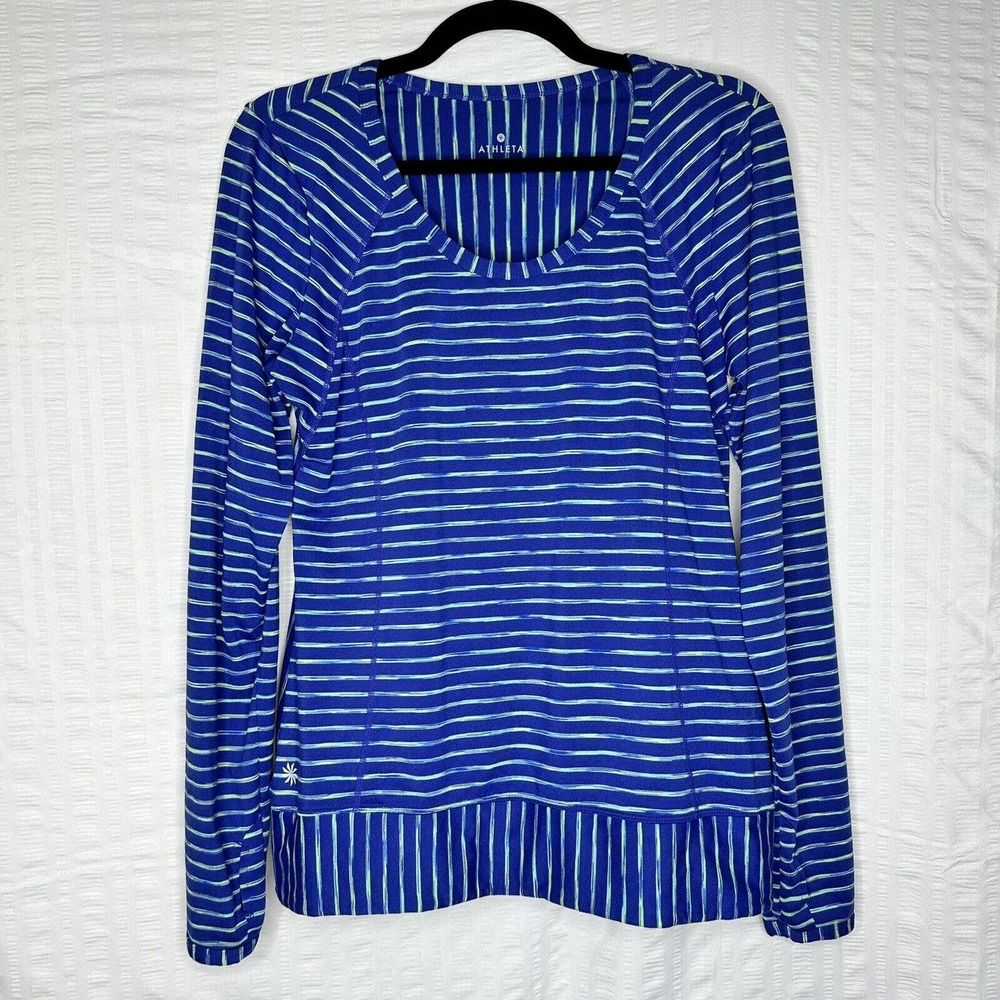 Athleta Shirt Womens Large Blue Striped Long Sleeve Space Dye Workout Gym
